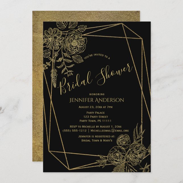 Black Gold Floral Bridal Shower Invitation (Front/Back)