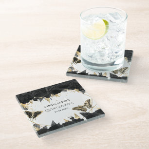 Black Gold Floral Butterflies Quinceanera Glass Coaster