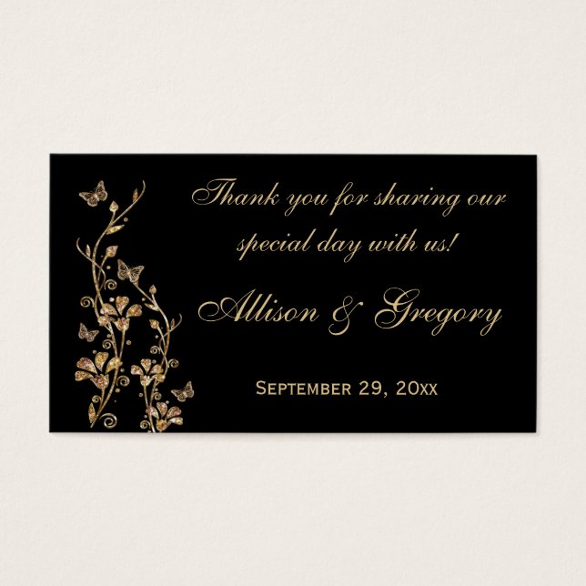 Black, Gold Floral, Butterflies Wedding Favour Tag (Front)