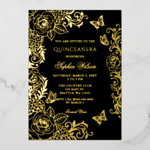 Black Gold Floral Butterfly Quinceañera