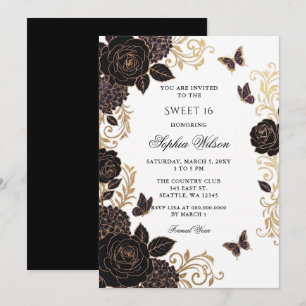 Black Gold Floral Butterfly Sweet 16 Invitation