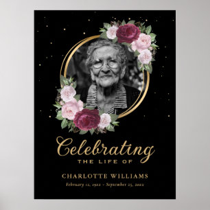 Black Gold Floral Celebration of Life Funeral Sign