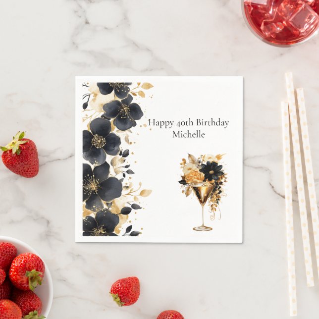 Black Gold Floral Cocktail Drinks 40th Birthday Napkin (Insitu)