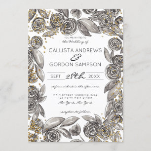 Black Gold Floral Confetti Watercolor Wedding Invitation