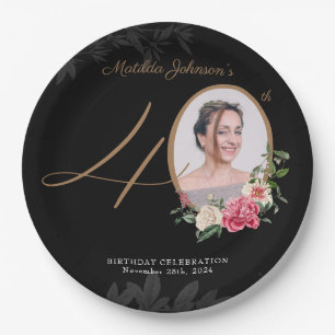 Black Gold Floral Custom Photo 40th Birthday Paper Plate