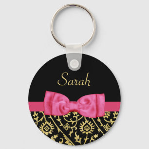 Black Gold Floral Damask Pink Bow and Chic Name Keychain