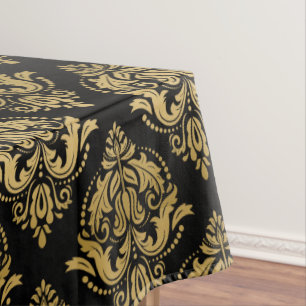 Black & Gold Floral Damasks Geometric Pattern Tablecloth