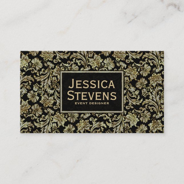 Black & Gold Floral Damasks Pattern Business Card (Front)