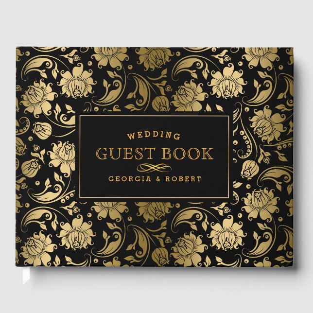 Black & Gold Floral Damasks Pattern Guest Book (Front)