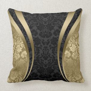 Black & Gold Floral Damasks Throw Pillow