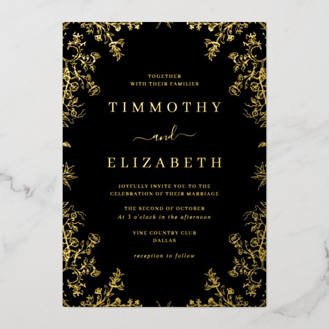 Black Gold Floral Elegant Wedding Foil Invitation (Front)
