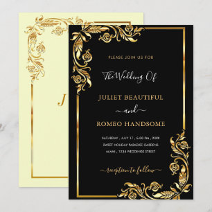 Black Gold Floral Faire-part de mariage doré