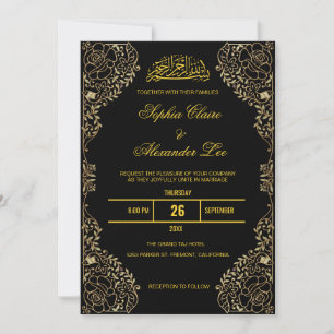 Black & Gold Floral Frame Islamic Muslim Wedding  Invitation