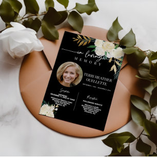 Black Gold Floral Funeral Memorial Service Photo Invitation