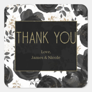 Black Gold Floral Glam Leaves Wedding Square Sticker