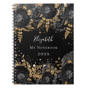 Black gold floral glitter name glamourous notebook