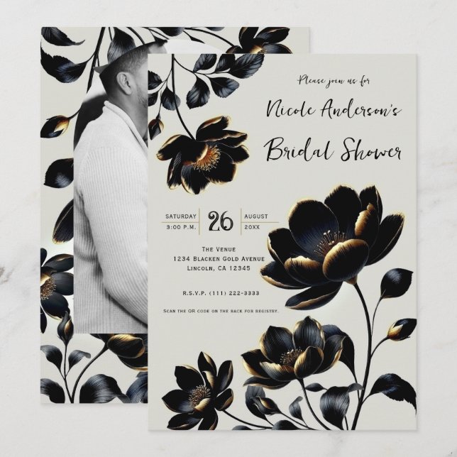 Black & Gold Floral Greige Bridal Shower Invitation (Front/Back)