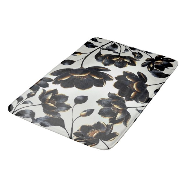 Black & Gold Floral Greige Elegant Dark Moody Bath Mat (Angled)