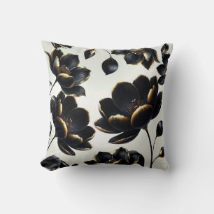 Black & Gold Floral Greige Elegant Dark Moody Throw Pillow