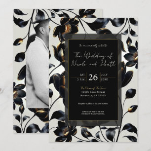 Black & Gold Floral Greige Wedding Invitation