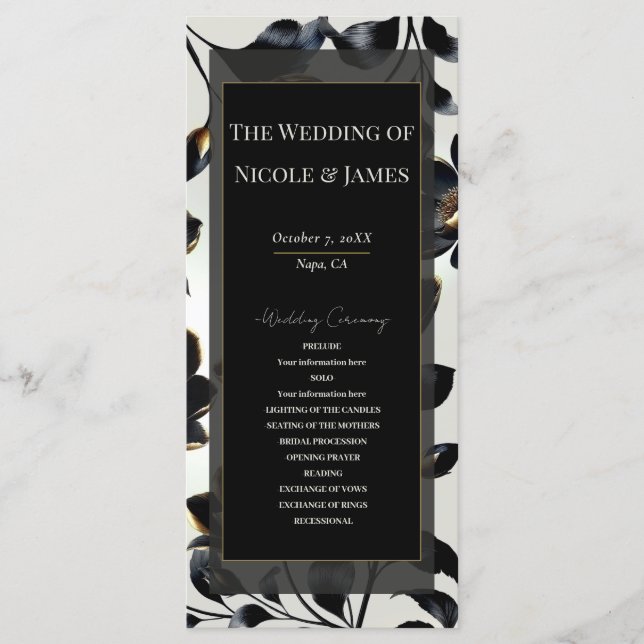 Black & Gold Floral Greige Wedding Programme (Devant)
