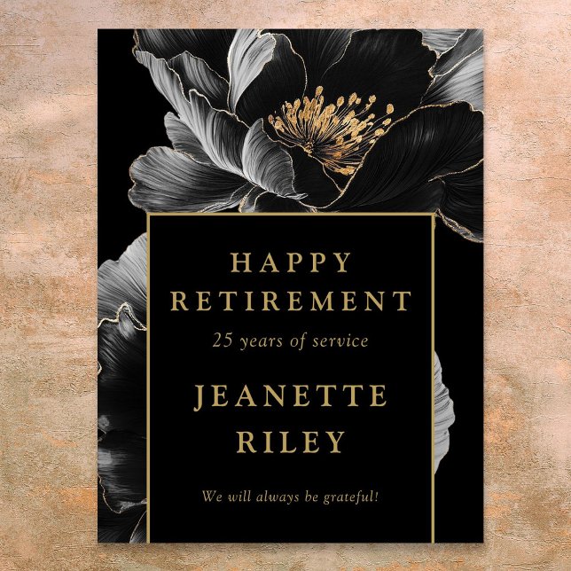 Black Gold Floral Happy Retirement Welcome Sign (Black Gold Floral Happy Retirement Welcome Sign)