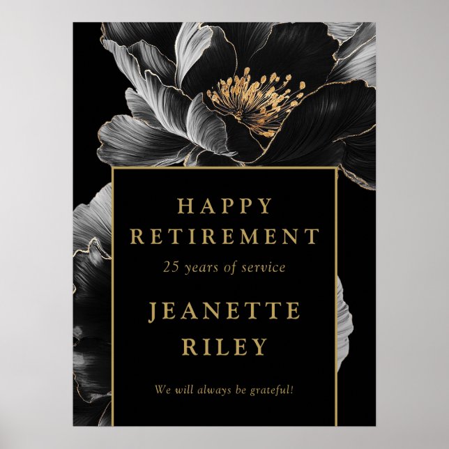 Black Gold Floral Happy Retirement Welcome Sign (Front)
