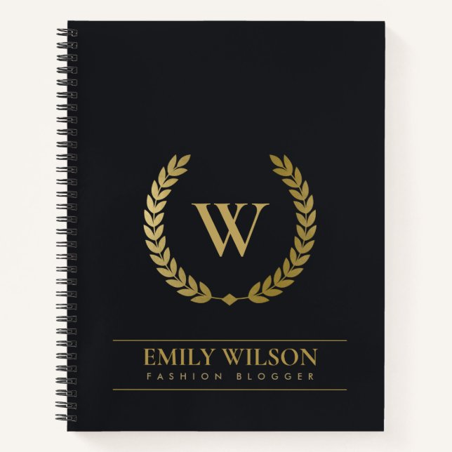 BLACK GOLD FLORAL LAUREL WREATH INITIAL MONOGRAM NOTEBOOK (Front)