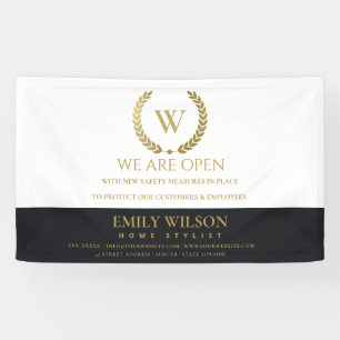 BLACK GOLD FLORAL LAUREL WREATH INITIAL RE OPENING BANNER