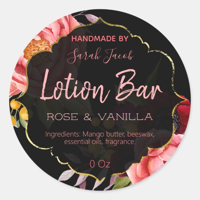 Black Gold Floral Lotion Bar Étiquette (Devant)