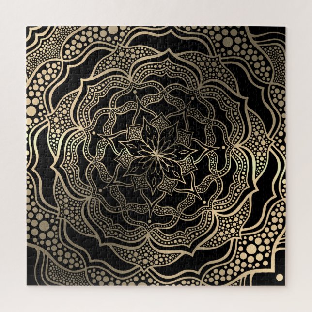 Black & Gold Floral Mandala Beautiful Stylish Chic Jigsaw Puzzle (Vertical)
