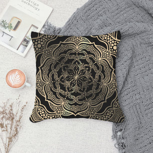 Black & Gold Floral Mandala Beautiful Stylish Chic Throw Pillow
