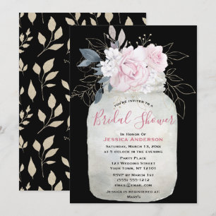 Black Gold Floral Mason Jar Bridal Shower Invitation