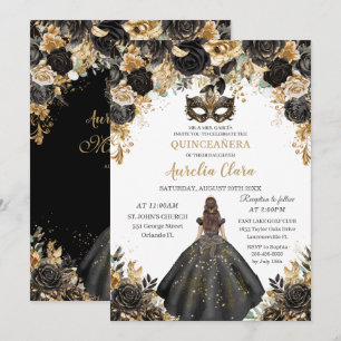 Black Gold Floral Masquerade Ball Quinceañera Invitation