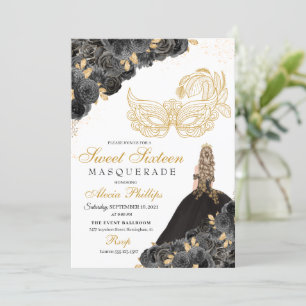 Black & Gold Floral Masquerade Sweet 16 Invitation