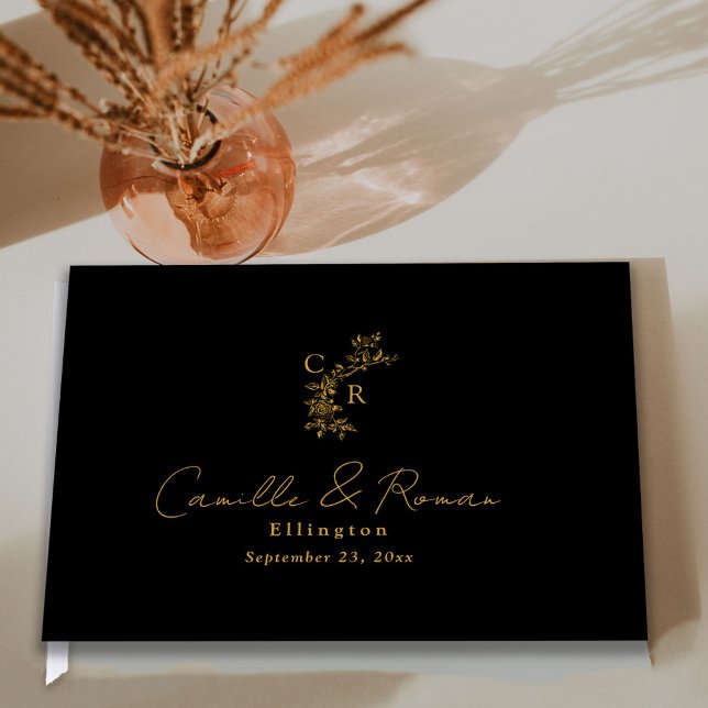 Black/Gold Floral Monogram Calligraphy Wedding Guest Book (Creator Uploaded)