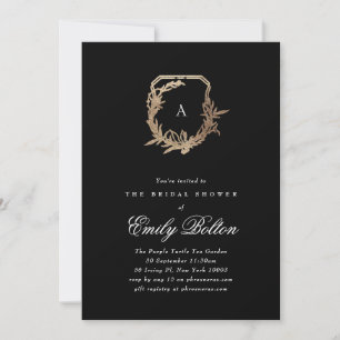 black & gold floral monogram crest bridal shower invitation