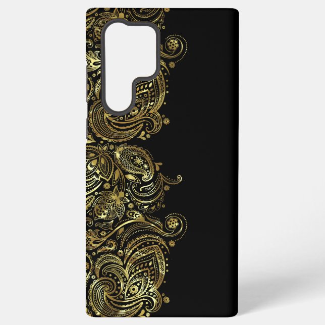 Black & Gold Floral Paisley Lace Samsung Galaxy S22 Ultra Case (Back)