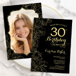 Black Gold Floral Photo 30th Birthday Party Invitation<br><div class="desc">Black gold floral 30th Birthday party invitation with your photo at the back of the card. Minimalist modern design featuring botanical outline drawings accents, faux gold foil and typography script font. Simple trendy invite card perfect for a stylish female bday celebration. Can be customized to any age. Printed Zazzle invitations...</div>