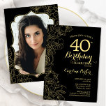 Black Gold Floral Photo 40th Birthday Party Invitation<br><div class="desc">Black gold floral 40th Birthday party invitation with your photo at the back of the card. Minimalist modern design featuring botanical outline drawings accents, faux gold foil and typography script font. Simple trendy invite card perfect for a stylish female bday celebration. Can be customized to any age. Printed Zazzle invitations...</div>
