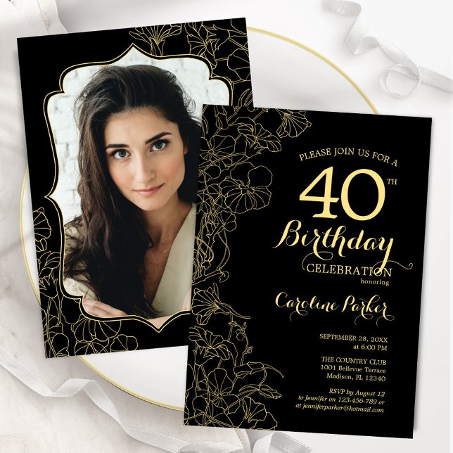 Black Gold Floral Photo 40th Birthday Party Invitation (Creator Uploaded)