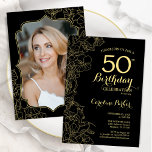 Black Gold Floral Photo 50th Birthday Party Invitation<br><div class="desc">Black gold floral 50th Birthday party invitation with your photo at the back of the card. Minimalist modern design featuring botanical outline drawings accents, faux gold foil and typography script font. Simple trendy invite card perfect for a stylish female bday celebration. Can be customized to any age. Printed Zazzle invitations...</div>