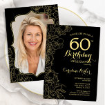 Black Gold Floral Photo 60th Birthday Party Invitation<br><div class="desc">Black gold floral 60th Birthday party invitation with your photo at the back of the card. Minimalist modern design featuring botanical outline drawings accents, faux gold foil and typography script font. Simple trendy invite card perfect for a stylish female bday celebration. Can be customized to any age. Printed Zazzle invitations...</div>