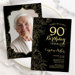 Black Gold Floral Photo 90th Birthday Party Invitation<br><div class="desc">Black gold floral 90th Birthday party invitation with your photo at the back of the card. Minimalist modern design featuring botanical outline drawings accents, faux gold foil and typography script font. Simple trendy invite card perfect for a stylish female bday celebration. Can be customized to any age. Printed Zazzle invitations...</div>