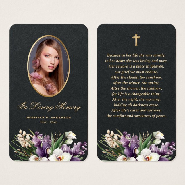 Black Gold Floral Photo Memorial Prayer Cards (Front & Back)