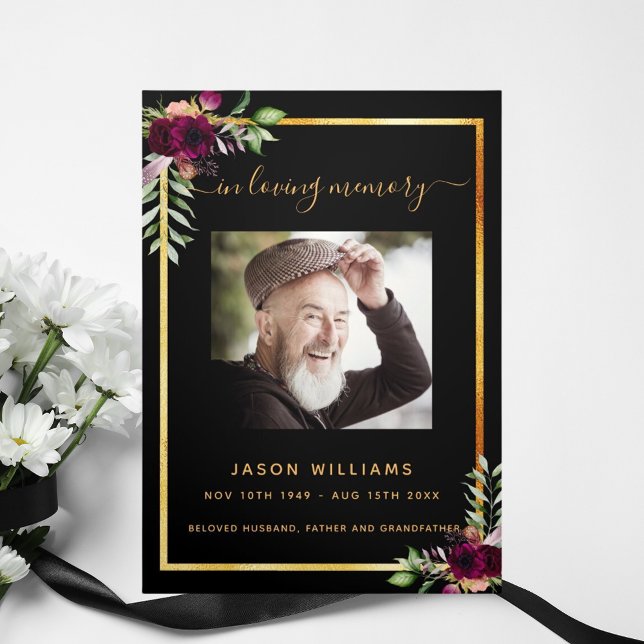 Black gold floral photo tri-fold funeral program (Creator Uploaded)
