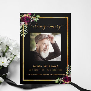 Black gold floral photo tri-fold funeral program announcement