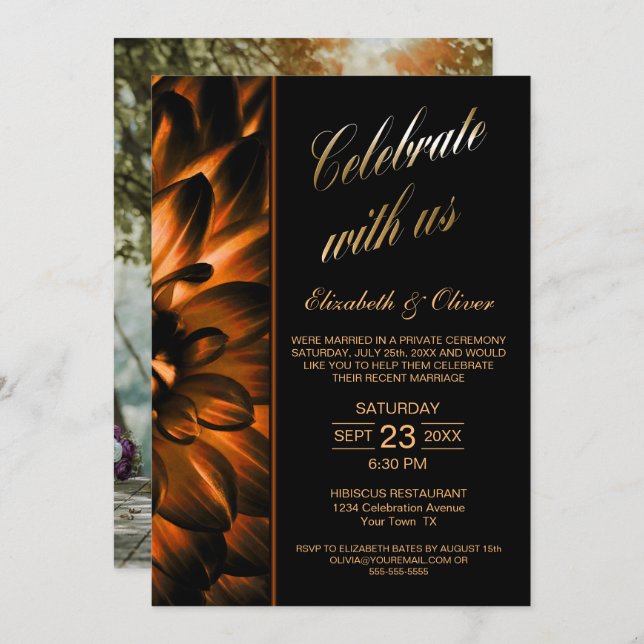 Black Gold Floral Photo Wedding Reception Invitation (Front/Back)