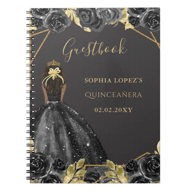 Black Gold Floral Princess Quinceanera Guest Book (Front)