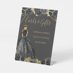 Black Gold Floral Princess Quinceanera Pedestal Sign